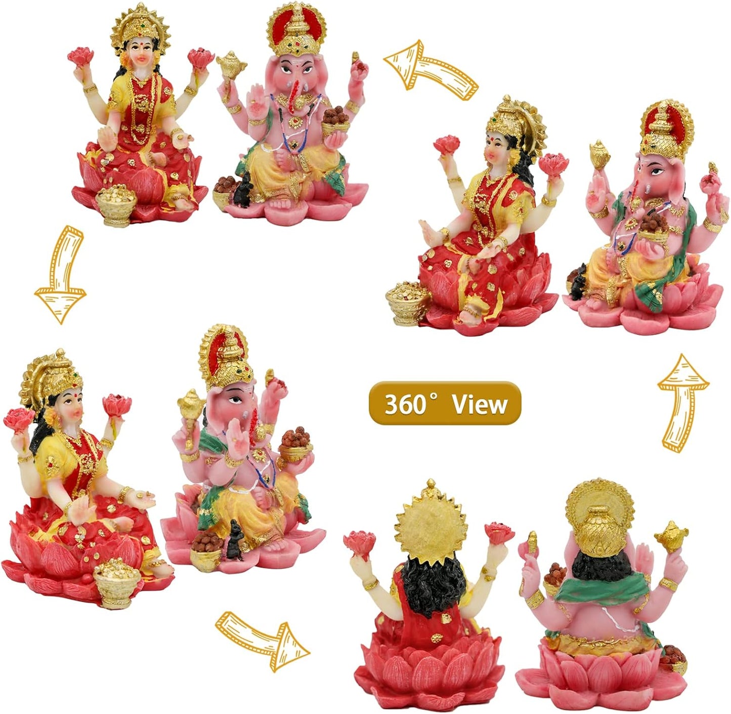 Indian God Ganesh Lakshmi Statue - 2.5”H Hindu God Lord Ganesha Idol for Car Decor Goddess Laxmi Figurine for Car Dashboard Decor Diwali Gifts Temple Mandir Altar Shrine Pooja Item