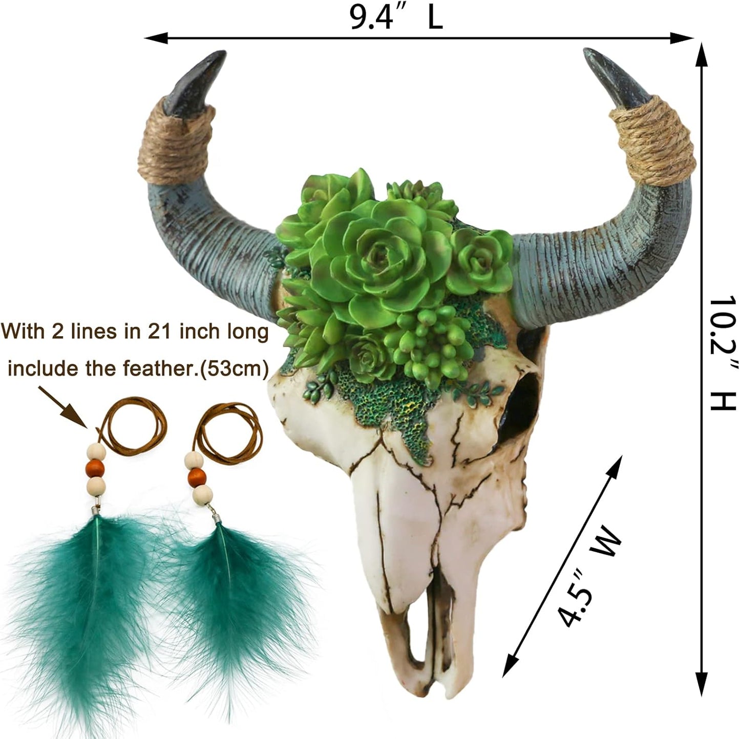 alikiki Bull Skull Head Wall Decor - Succulent Flowers Resin Cow Horn Southwestern Wall Hanging 3D Animal Sculpture Crafts Western Boho Decor for Bedroom Living Room