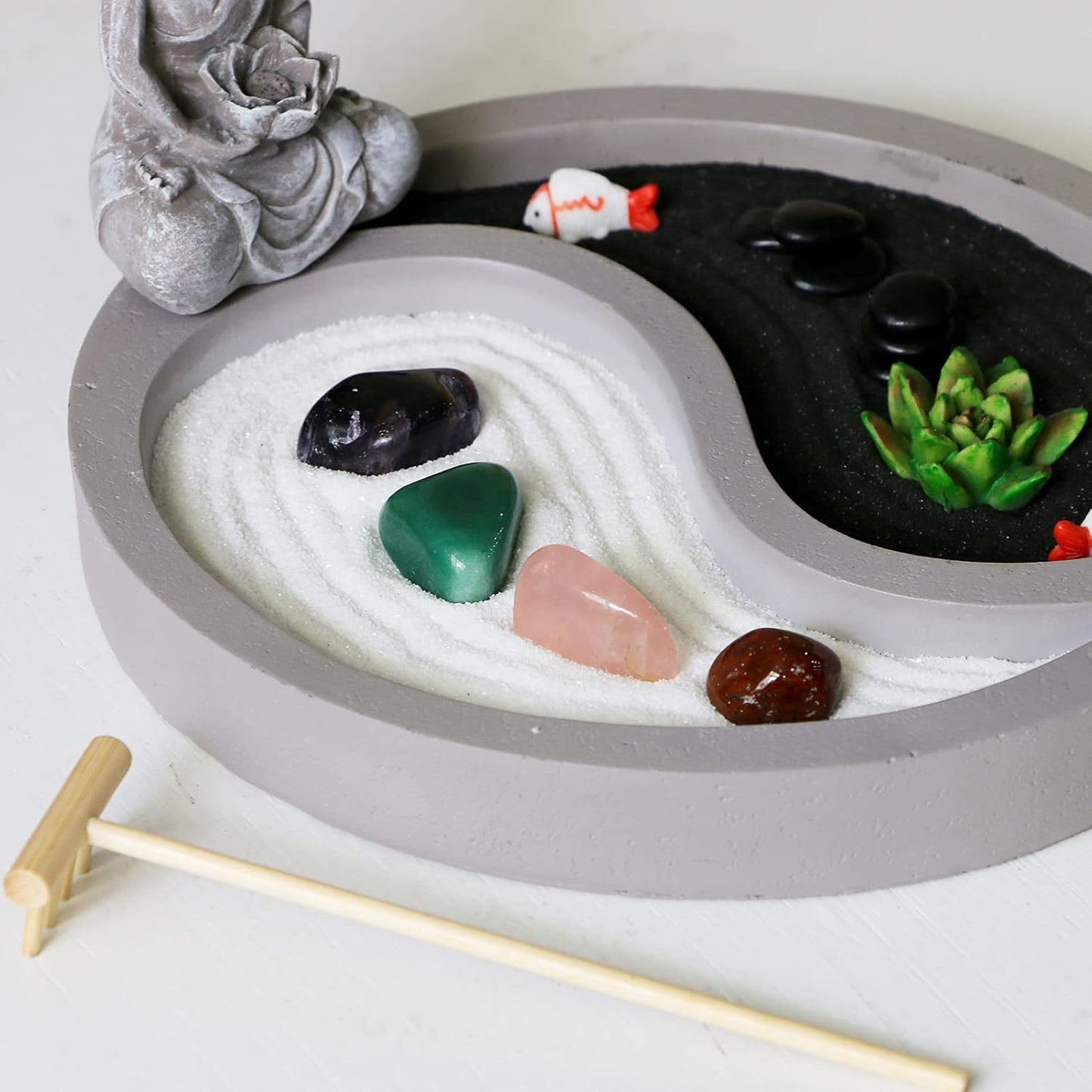 Mini Zen garden kit for desk - yin yang Crystal sand Garden - with zen rake buddha statue Healing Stones white sand - Japanese Rock Garden Meditation Gift Set for Home Office Desktop fidget toys