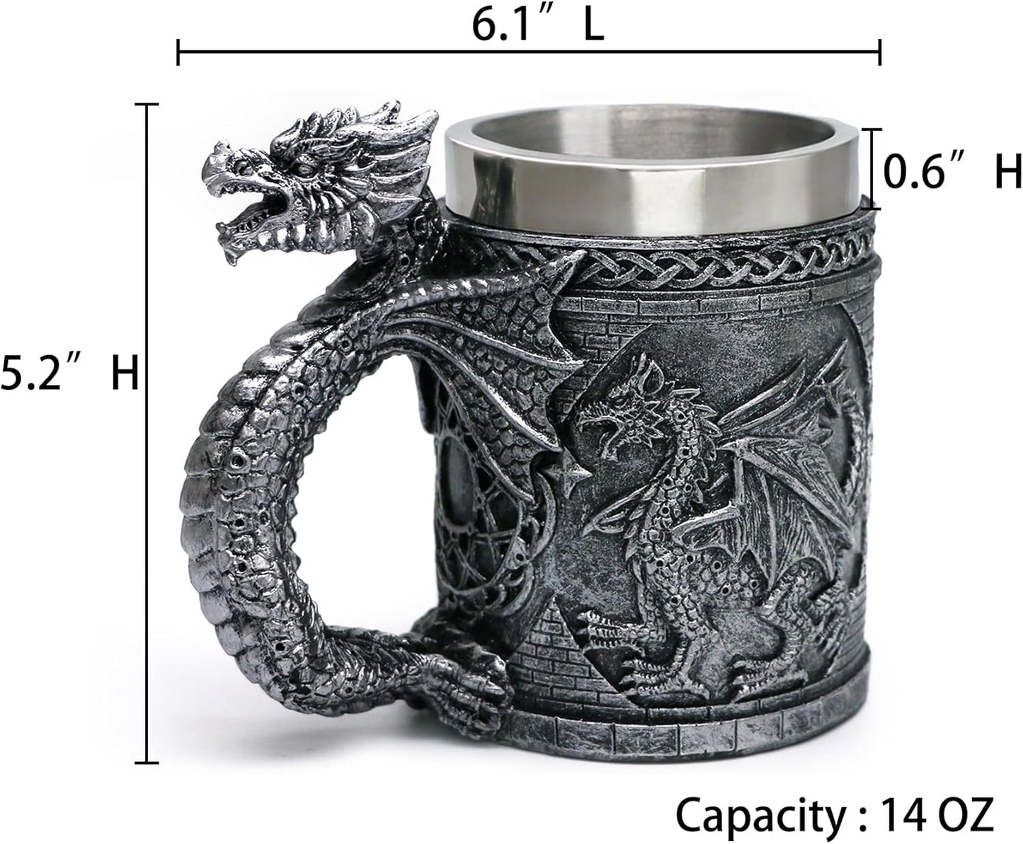 alikiki Medieval GOT Dragon Mug - Dragons Coffee Mug Gifts for Men - 14OZ Stainless Drinking Cup Beer Steins Dragon Themed Party Decoration