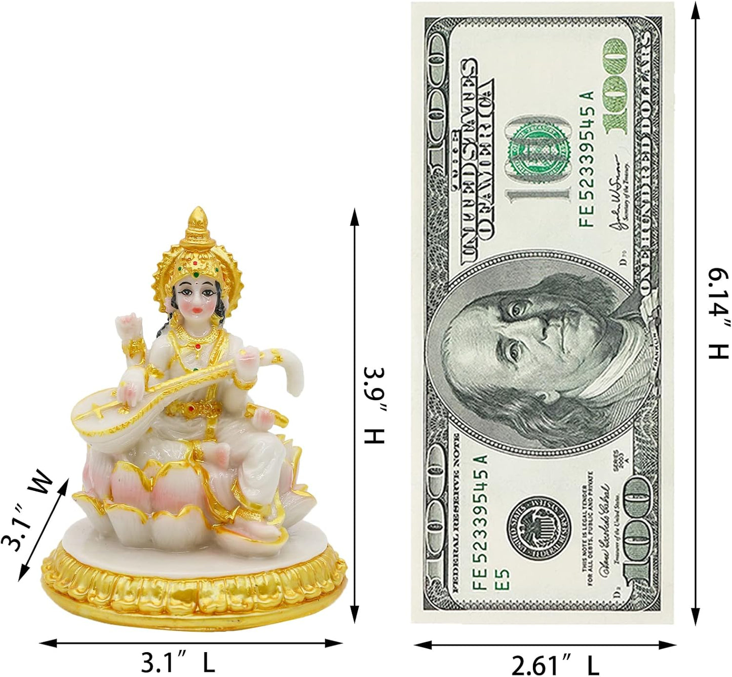 Small Hindu Goddess Saraswati Statue - 3.9”H Marble Look Saraswati Figurine for Car Dashboard India Idol Buddha Statue Home Office Mandir Temple Pooja Item Diwali Puja Gifts