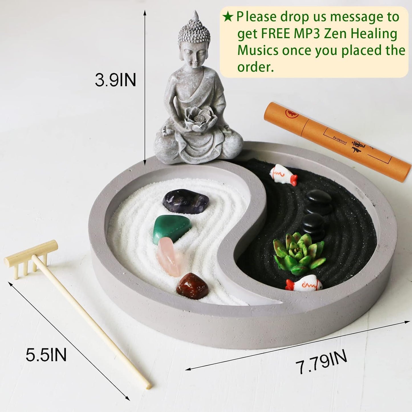 Mini Zen garden kit for desk - yin yang Crystal sand Garden - with zen rake buddha statue Healing Stones white sand - Japanese Rock Garden Meditation Gift Set for Home Office Desktop fidget toys