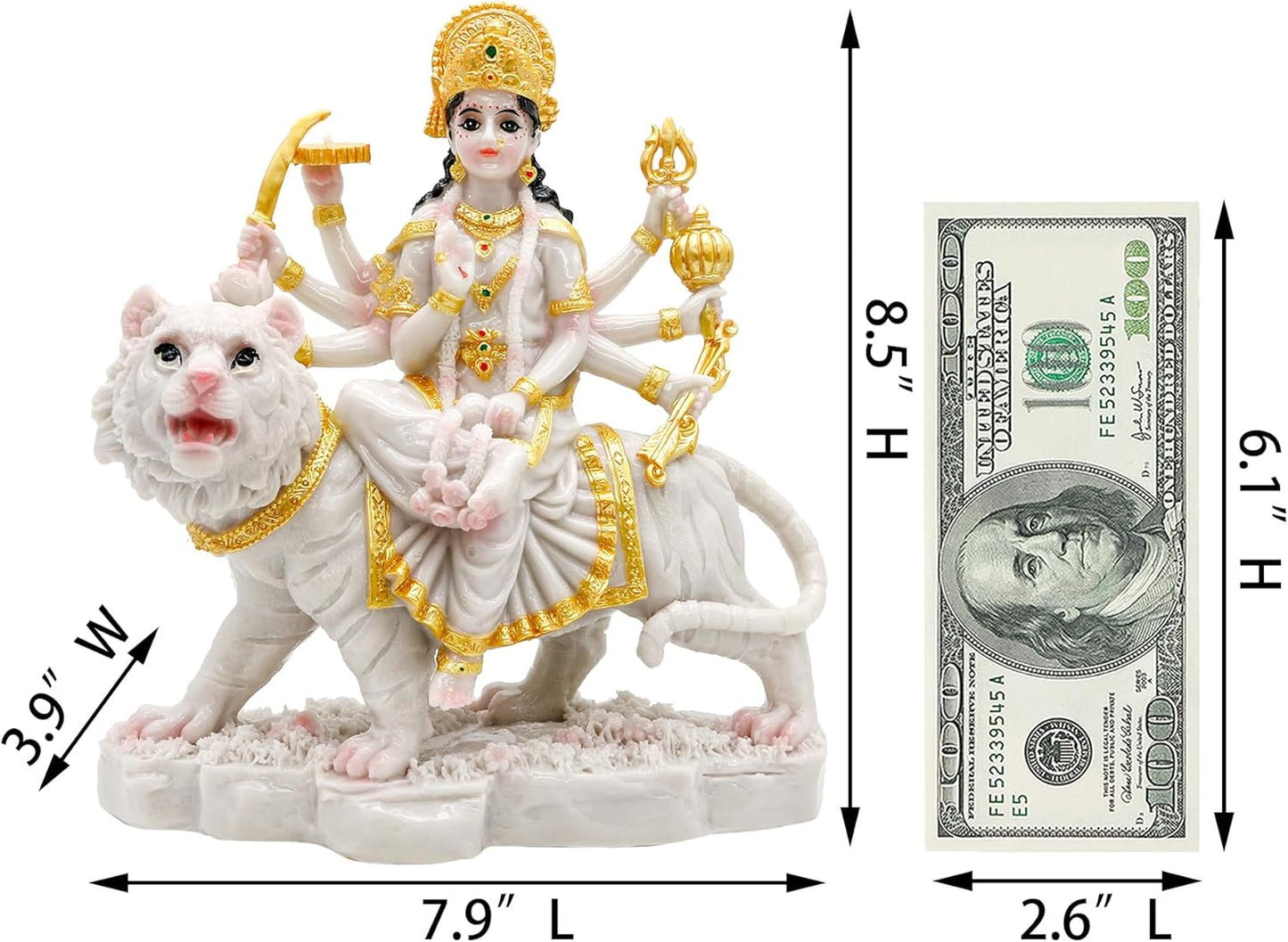 alikiki Durga Mata Idol Statue– 8.5” Marble Color Hindu Goddess Durga on Tiger Sculpture India Diwali Gifts Home Office Temple Mandir Altar Pooja Murti Item Deepavali Gifts for Indian