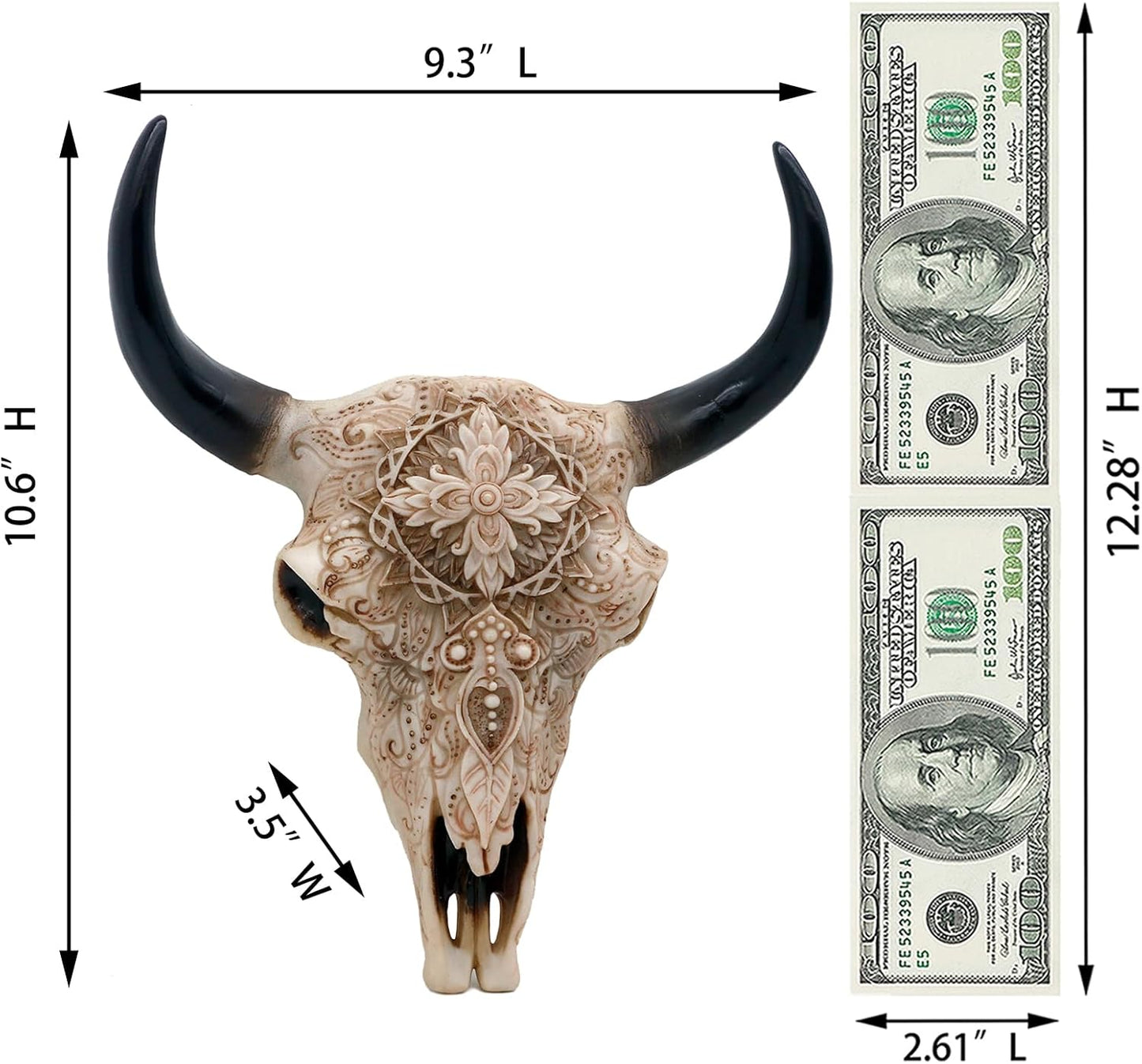 alikiki Boho cow skull decor - 9.3” L Faux Bull Skull Wall Handing Resin Animal Steer Head Skull Ornament Western Bohemia Room Ideas Decorations