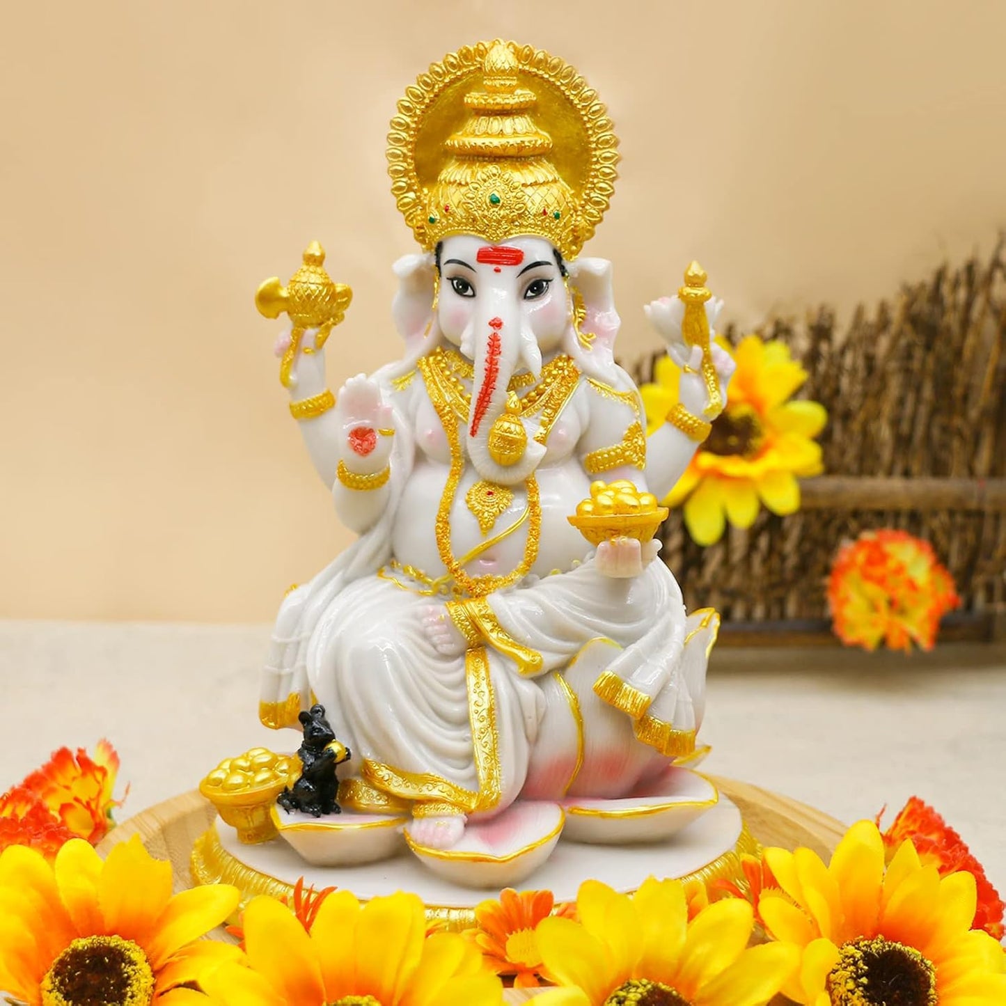 alikiki Hindu God Ganesh Chaturthi Figurine - 8.4”H Indian Idol Ganesha Statue Ganpati Elephant Hindu God Pooja Item Diwali Home Office Meditation Room Temple Mandir Altar Shrine Puja Decor