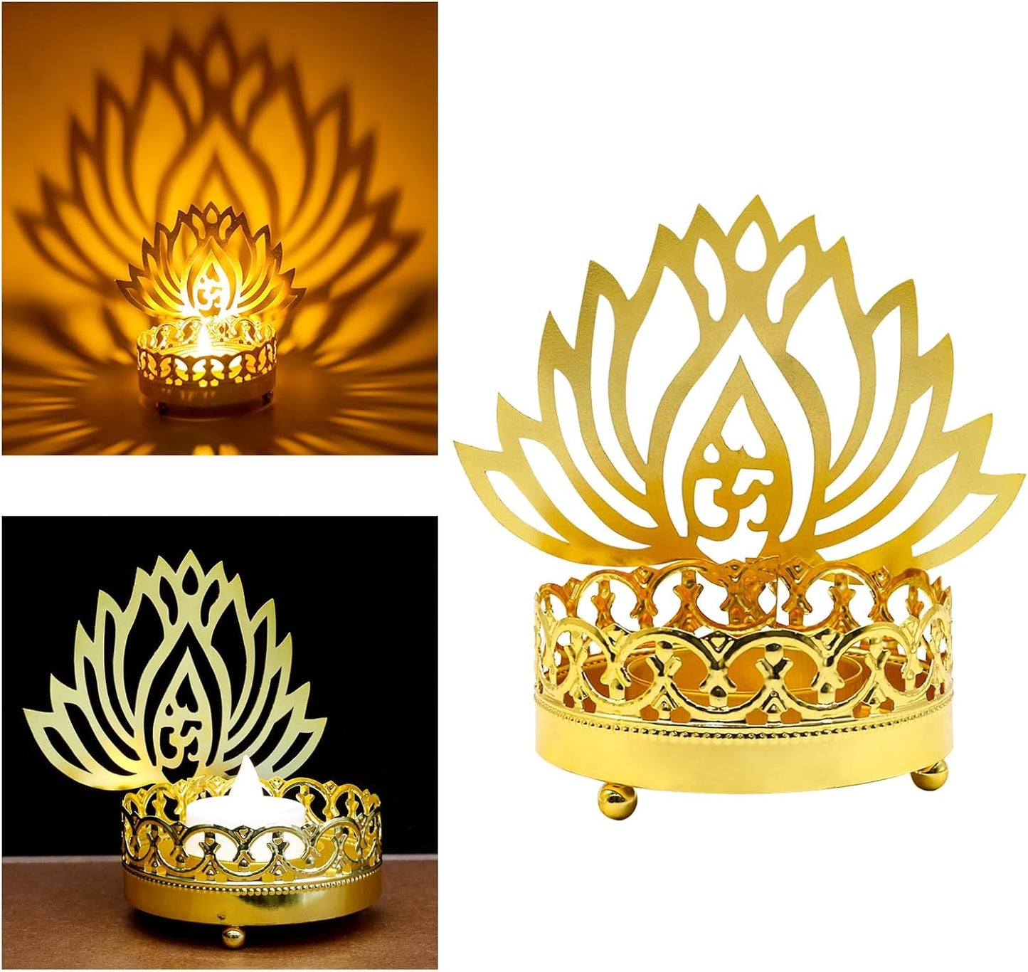 Metal OM Diwali Shadow Diyas – Tea Light Candle Holder Deya Birthday Wedding Housewarming Gift for Indian Murti Puja Item Home Office Temple Mandir Pooja Altar Decor