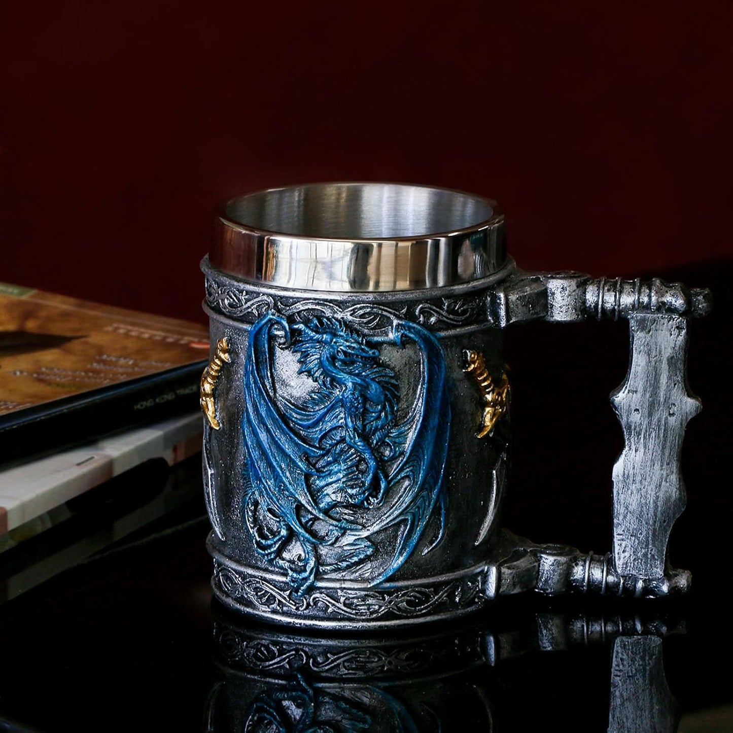 Medieval Blue Dragon D&D Game Mug of Throne Merchandise Beer Steins Viking Tankard Mug Stainless Coffee Cup Gift Mugs for Men Dragon Collector Themed Party Decoration