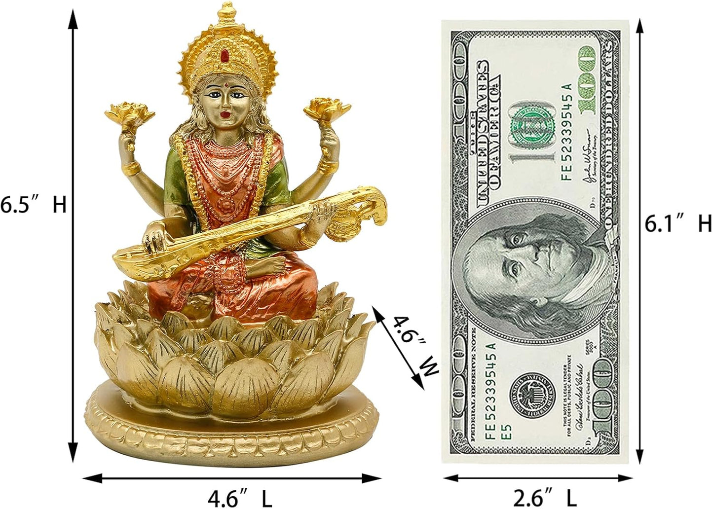 alikiki 6.5" H Sarswati Sitting on Lotus Figurines in Antique Gold Hindu God Staute for Home Office Mandir Altar Pooja Item Indian Saraswati Idol Statue for Diwali Puja Gifts