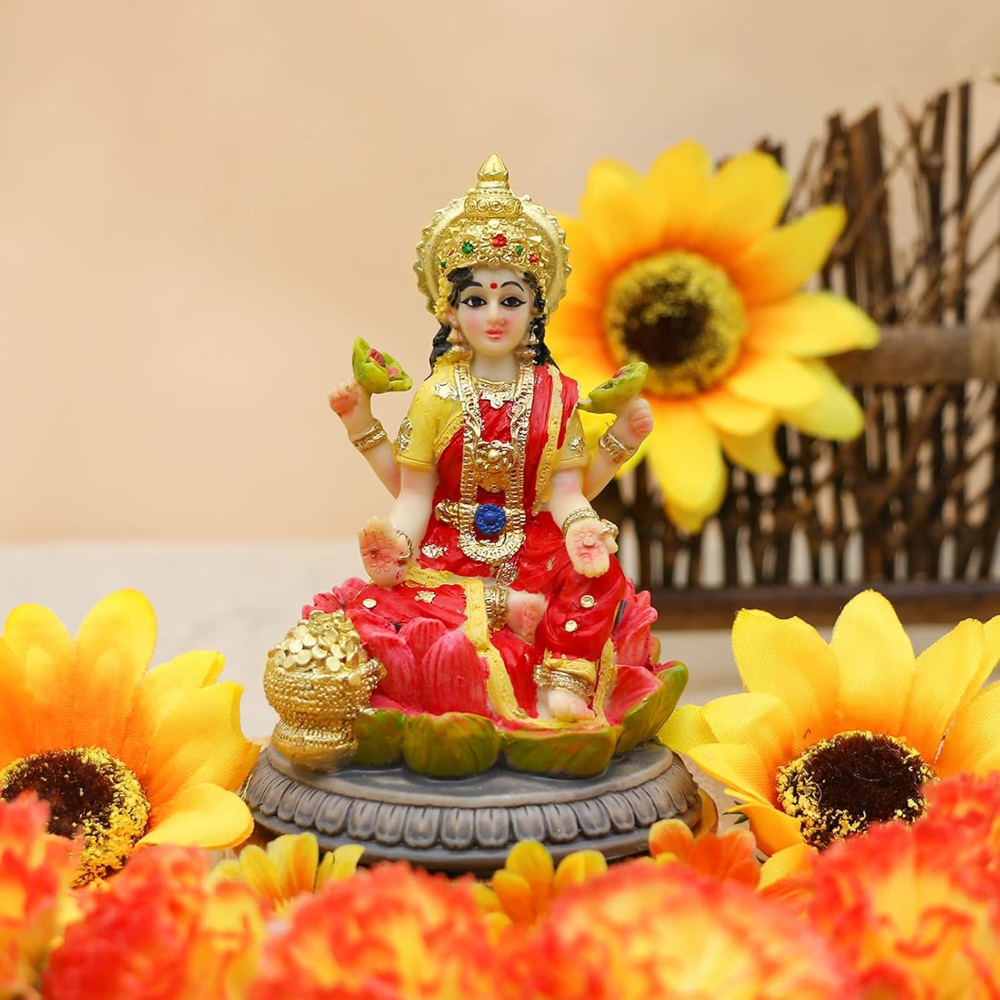 Small Hindu Goddess Lakshmi Statue - 3.9”H Indian Ido Laxmi Figurine for Car Dash Board Decor Home Office Mandir Temple Altar Shrine Pooja Item Murti for Diwali Puja Gifts