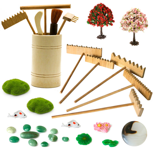 Zen Garden Tools Kit Accessories - Japanese Zen Garden Decor Zen Rake Set Mini Bamboo Rock Sand Garden Rakes Japan Zen Gift w/Healing Stone Bonsai Tree Home Office Yoga Meditation Room Zen Decor