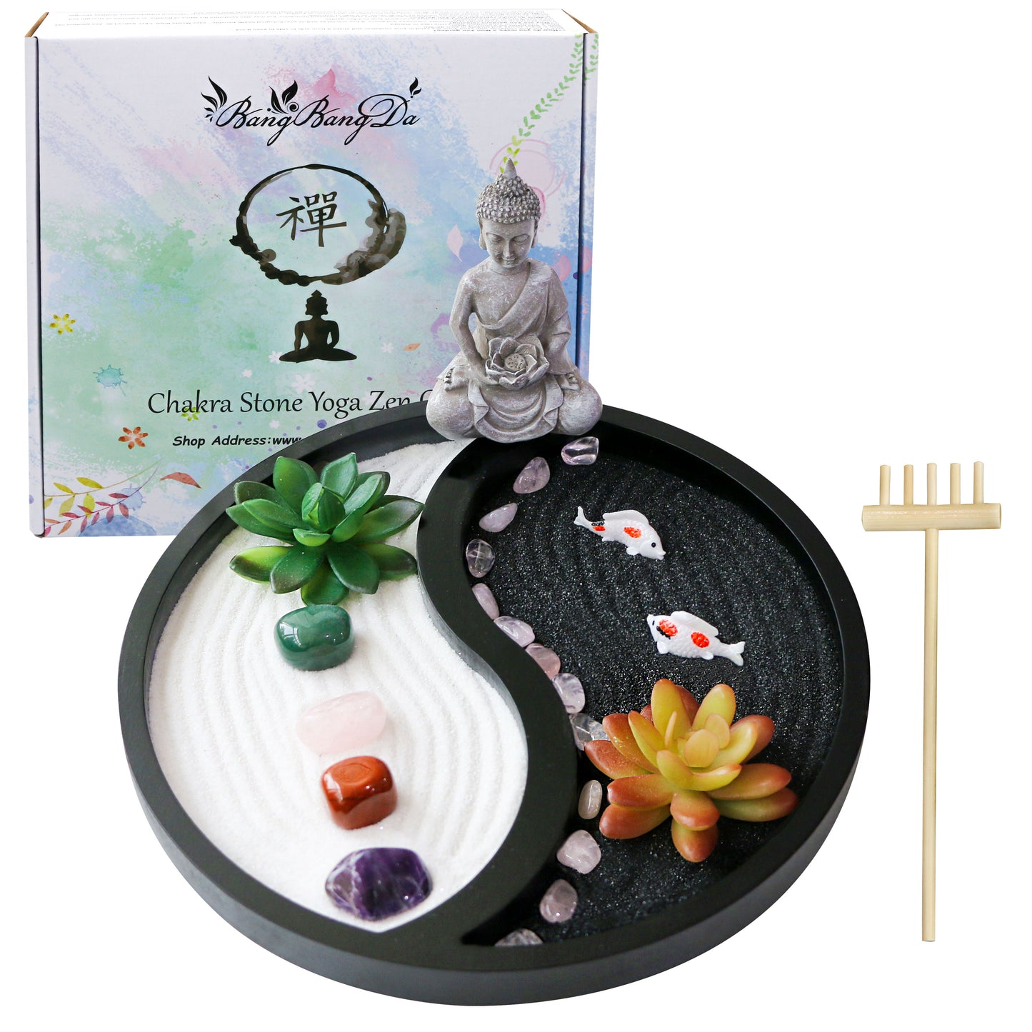 Buddha Meditation Zen Garden Kit - Home Office Tabletop Taiji Yin Yang Sand Garden Altar Zen Decor Zen Gifts DIY Mini Chakra Crystal Quartz Rock Garden w/Nature Healing Stone Rake Tool