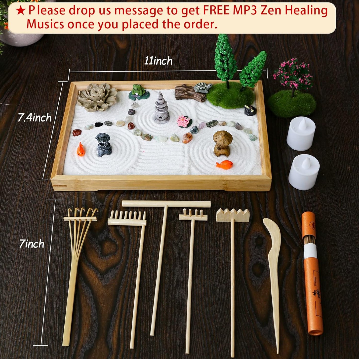 Miniature Japanese Zen Garden Kit - Mini Chakra Crystal Quartz Rock Sand Garden Sandbox Desktop Meditation Altar Zen Decor Zen Gift Set Home Office Desktop Rake Tools Bonsai Spiritual Items