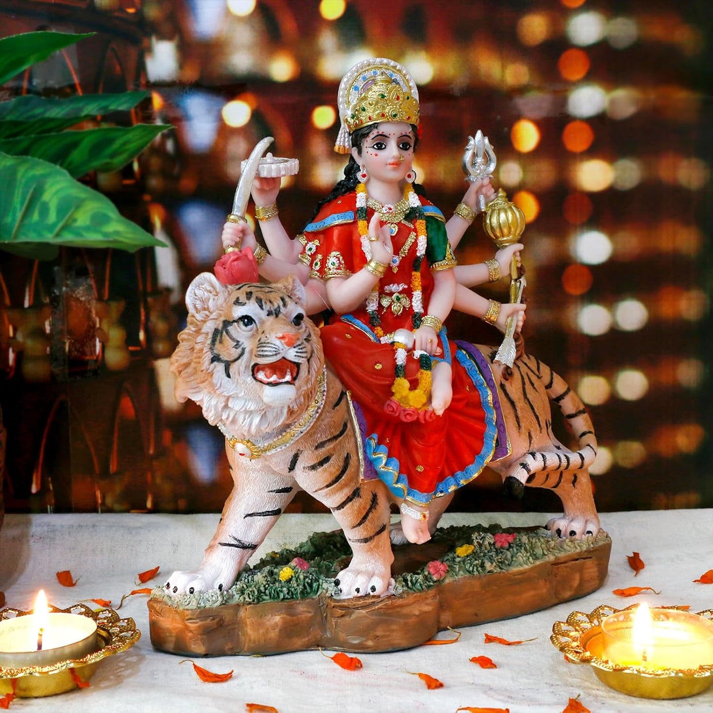 alikiki Indian God Durga Idol – 8.5” Hindu Goddess Durga on Tiger Statue India Murti Home Office Temple Mandir Altar Pooja Item Diwali Gift for Indian People Deepavali Puja Decoration durga statue goddess