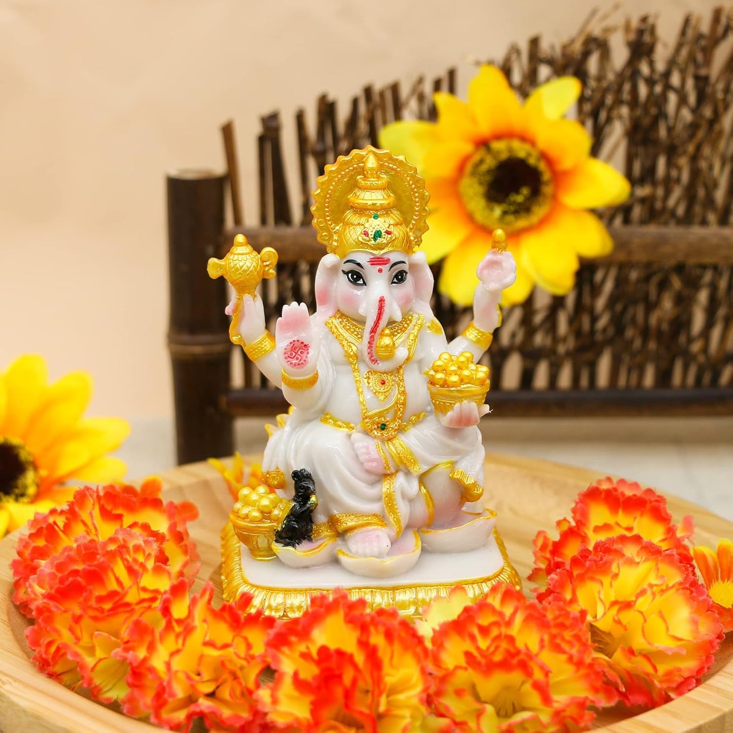 Indian Idol Lord Ganesh Statue - 4.1”H Marble Color Hindu God Ganesha Sculpture India Temple Mandir Home Office Altar Pooja Item Wedding Diwali Gifts