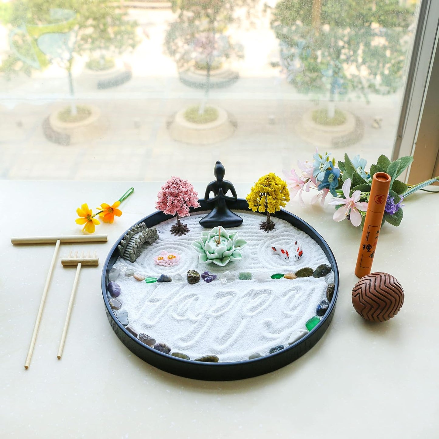 Miniature Yoga Meditation Zen Garden - Home Office Tabletop Mini DIY Japanese Rock Sand Garden Chakra Shine Altar Zen Decor Zen Gifts for Adult w/Rake Tools Accessories Healing Crystal Sphere