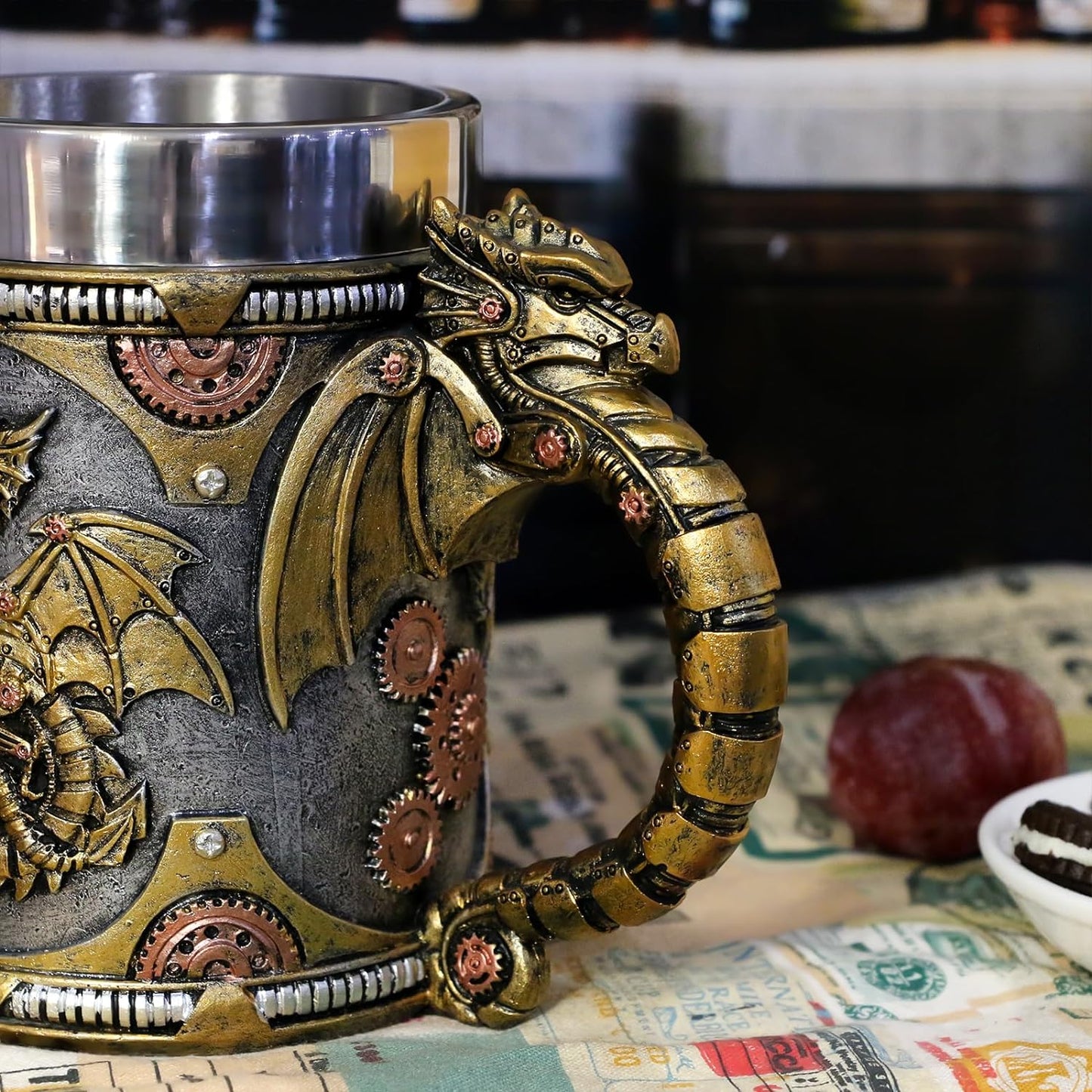 alikiki Medieval Steampunk Dragon Mug - Large Coffee Mug Mechanical Dragon D&D Gift for Men Father's Day Gifts - 21OZ Stainless Steel Party Gaming Mugs Beer Tankard