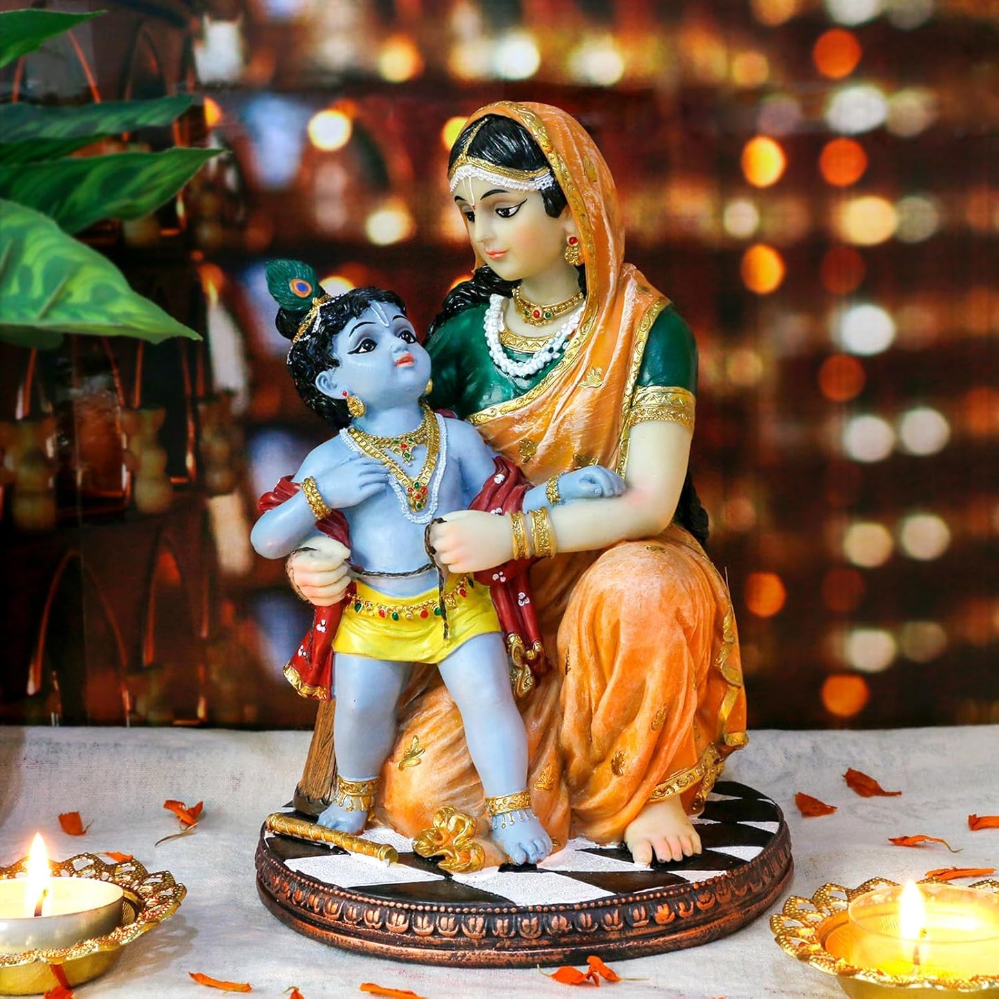 Hindu God Krishna and Yashoda - 7.9" High Polystone Indian Murti Lord Damodara Baby Krishna Idol Statue with Maa Yashoda Diwali Gifts Pooja Item Office Home Temple Mandir Altar Puja Decor