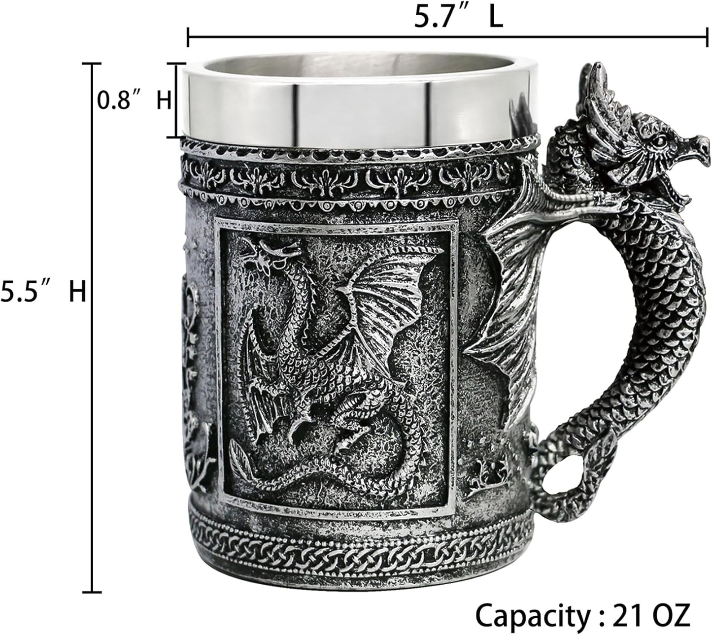 alikiki Medieval Large Dragon Mug - GOT Dragon D&D Gaming Beer Mugs Gifts for Men - 21oz Stainless Steel Drinking Tankard Coffee Cup Dragon Gift for Dragon Lovers Collector Party Decoration