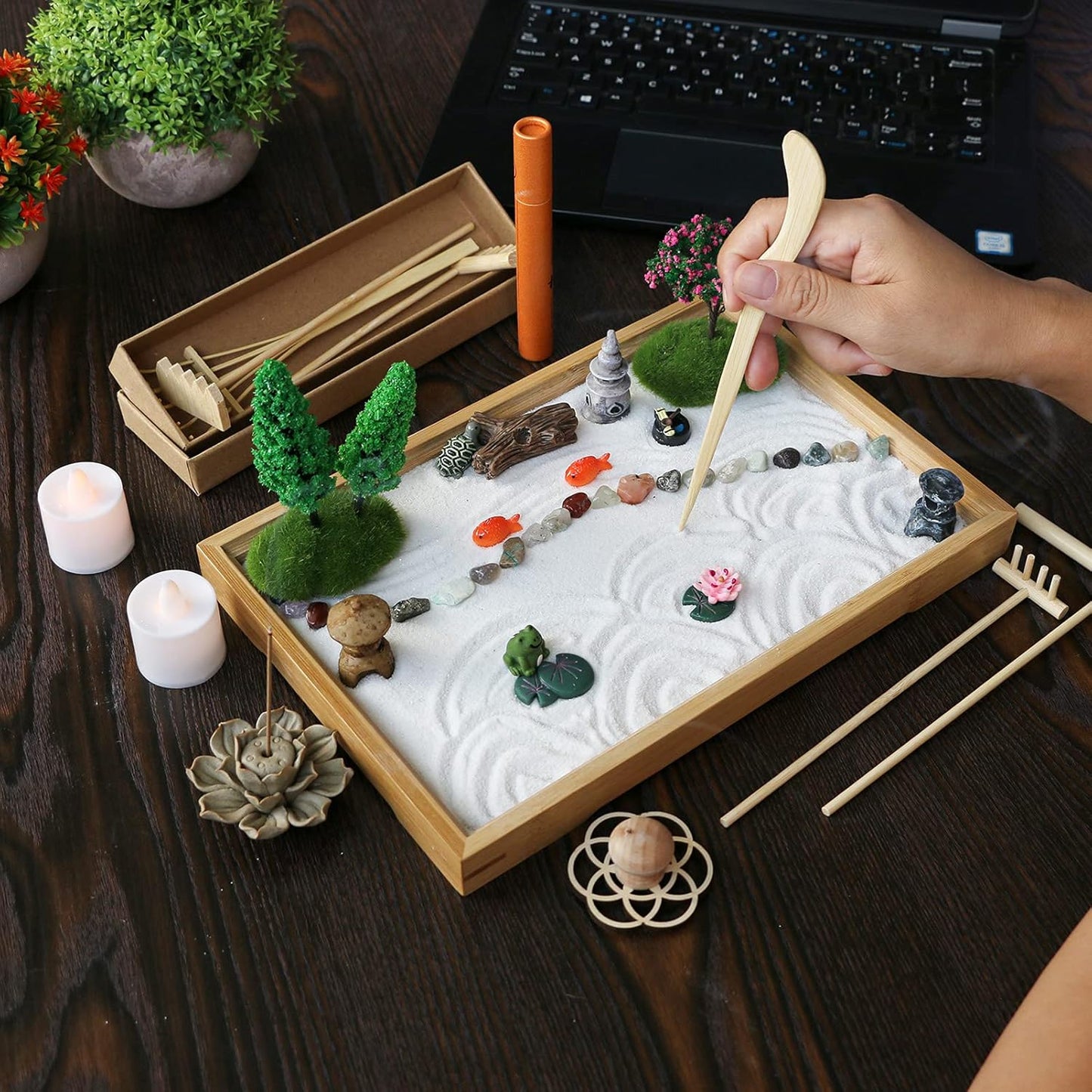 Miniature Japanese Zen Garden Kit - Mini Chakra Crystal Quartz Rock Sand Garden Sandbox Desktop Meditation Altar Zen Decor Zen Gift Set Home Office Desktop Rake Tools Bonsai Spiritual Items