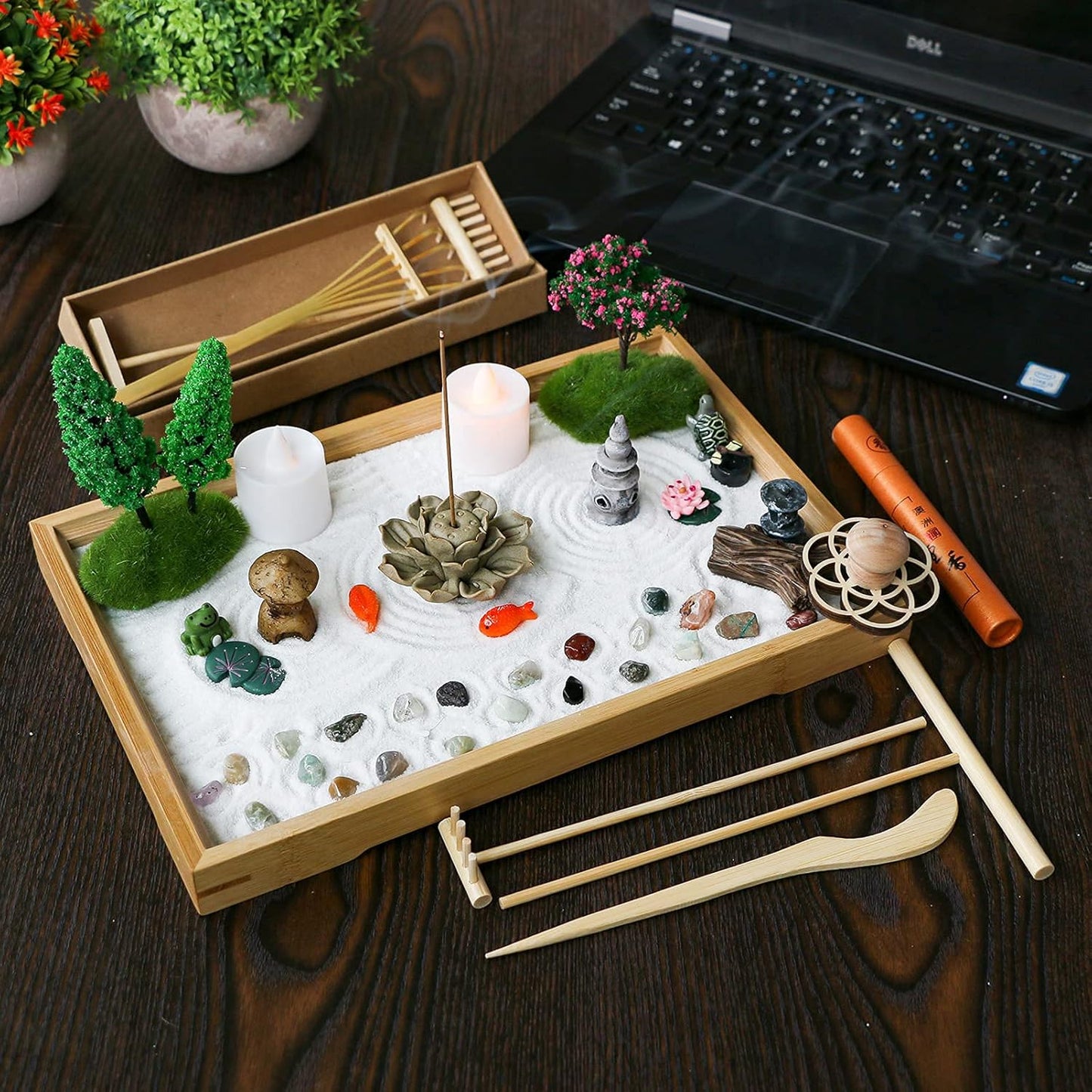 Miniature Japanese Zen Garden Kit - Mini Chakra Crystal Quartz Rock Sand Garden Sandbox Desktop Meditation Altar Zen Decor Zen Gift Set Home Office Desktop Rake Tools Bonsai Spiritual Items