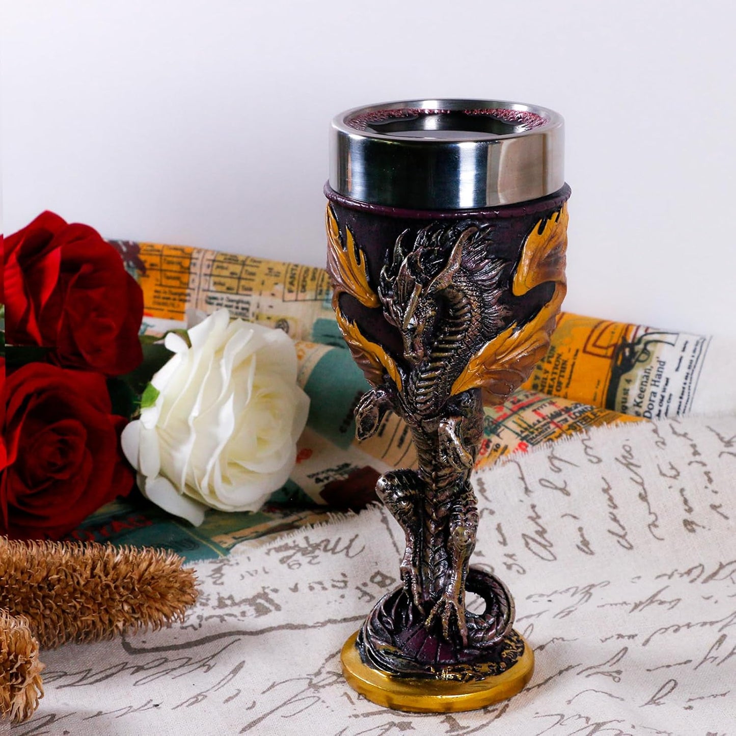 alikiki Medieval Flame Dragon Wine Goblet - Fantasy Dungeons and Dragons Wine Chalice Goblet- 7oz Stainless Steel Cup Drinking Vessel - Ideal Novelty Gothic Father Day Gift Party Idea