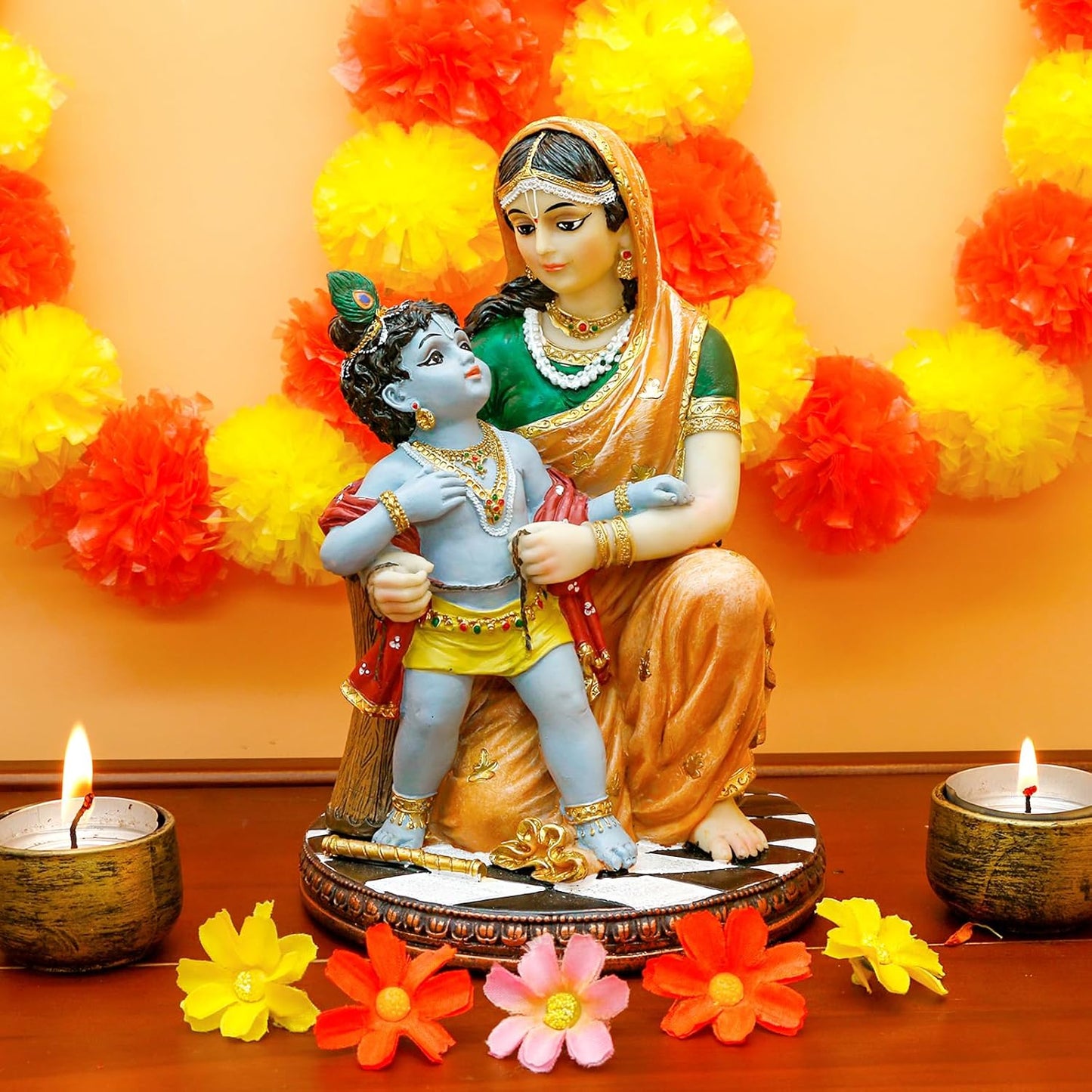 Hindu God Krishna and Yashoda - 7.9" High Polystone Indian Murti Lord Damodara Baby Krishna Idol Statue with Maa Yashoda Diwali Gifts Pooja Item Office Home Temple Mandir Altar Puja Decor