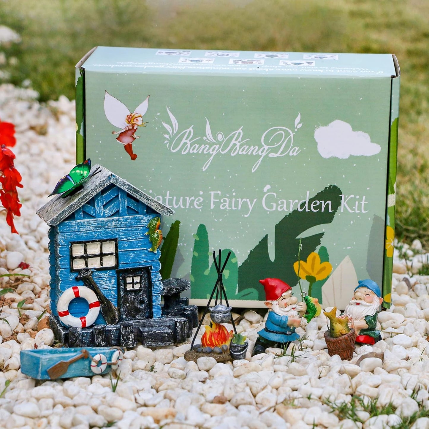 BangBangDa Miniature Fairy Garden Gnomes Decoration – Small Figurines Statue Accessories Gnome House for Outdoor Indoor Home Yard Patio Decor Ornaments Kit Fence Mushroom