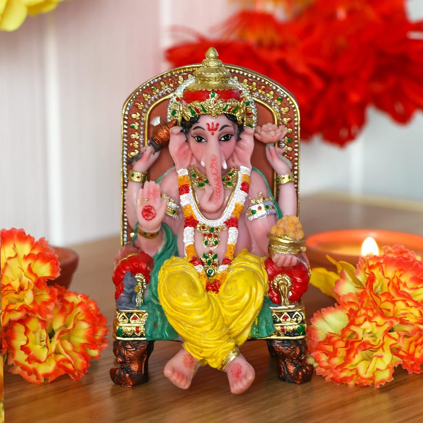 alikiki Hindu God Ganesha Statue Figurine - Indian Idol Sitting Lord Ganesh Statue India Murti Item Ganpati Home Office Temple Mandir Altar Pooja Gifts Diwali Puja Gifts