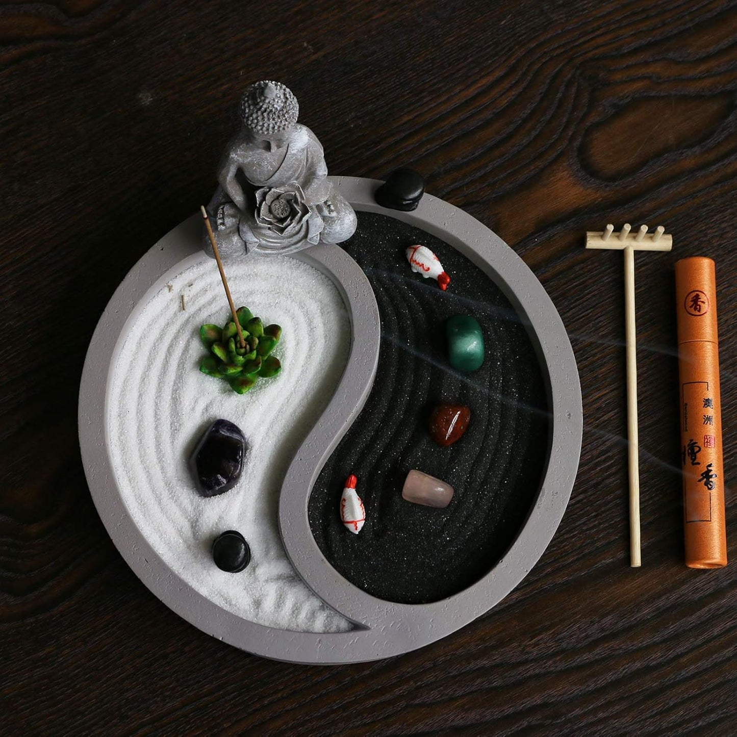 Mini Zen garden kit for desk - yin yang Crystal sand Garden - with zen rake buddha statue Healing Stones white sand - Japanese Rock Garden Meditation Gift Set for Home Office Desktop fidget toys