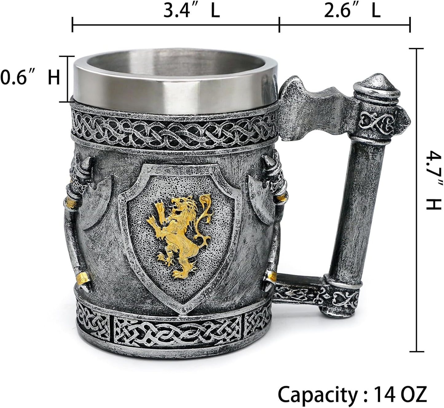 Medieval Viking Axes Mug Gifts for Men, English Gold Lion Shields Beer Steins Tankard Stainless Coffee Cup Renaissance Art Norse Decor Home Kitchen Party Decoration Drinkware