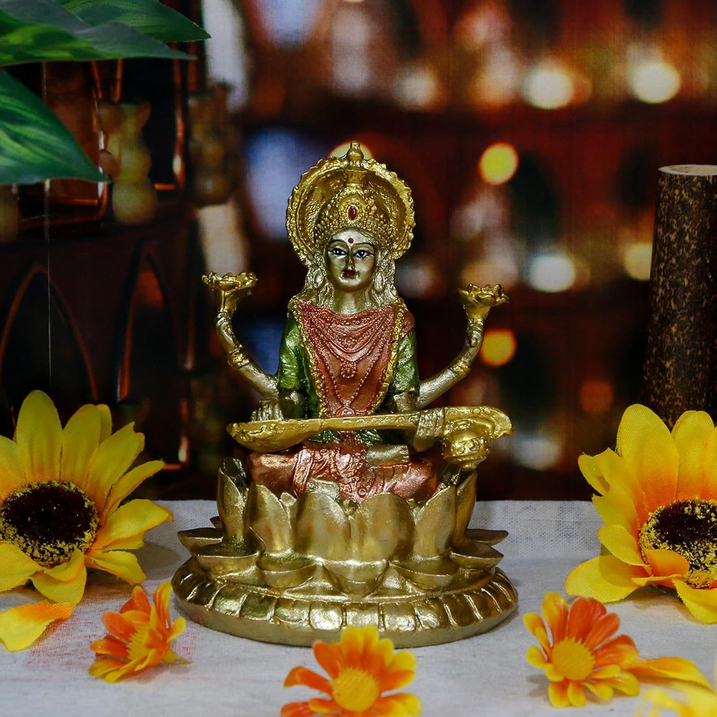 Hindu Goddess Saraswati Statue - 4.4" H Indian God Saraswati Idol Sculpture Diwali Gifts for Indian Home Temple Mandir Pooja Items Car Dashboard Decor