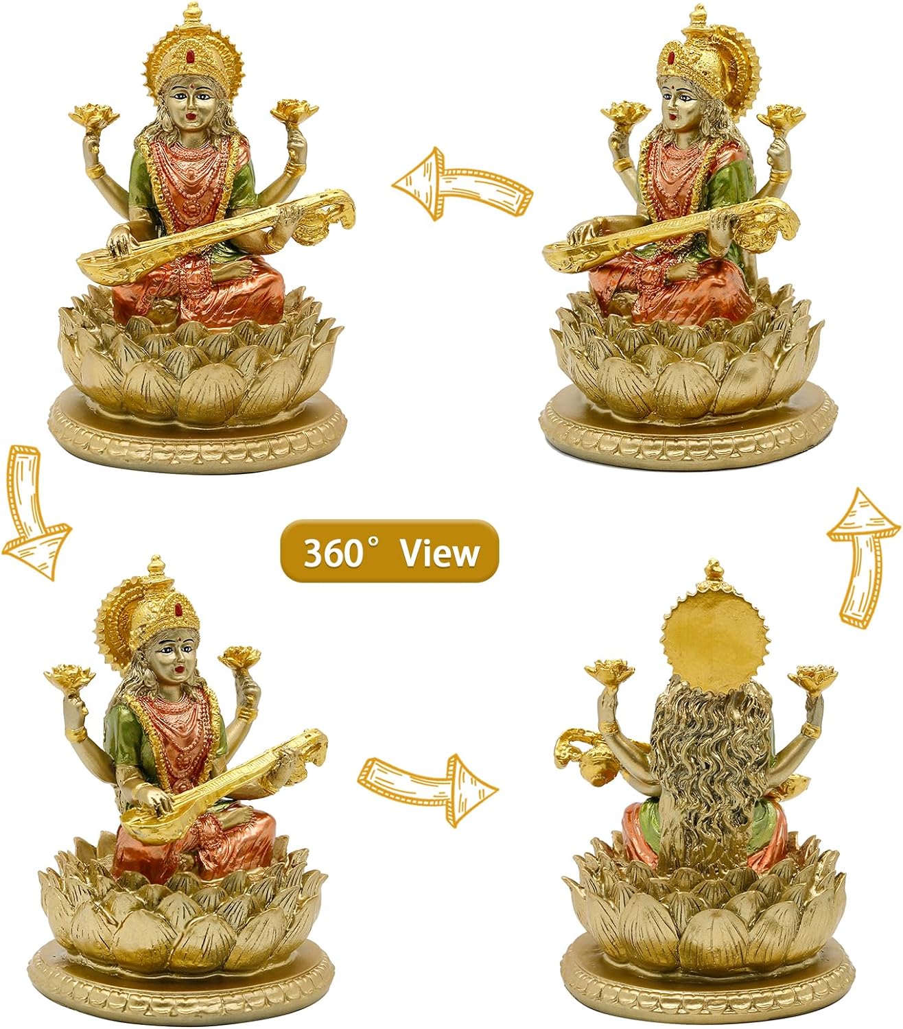 alikiki 6.5" H Sarswati Sitting on Lotus Figurines in Antique Gold Hindu God Staute for Home Office Mandir Altar Pooja Item Indian Saraswati Idol Statue for Diwali Puja Gifts