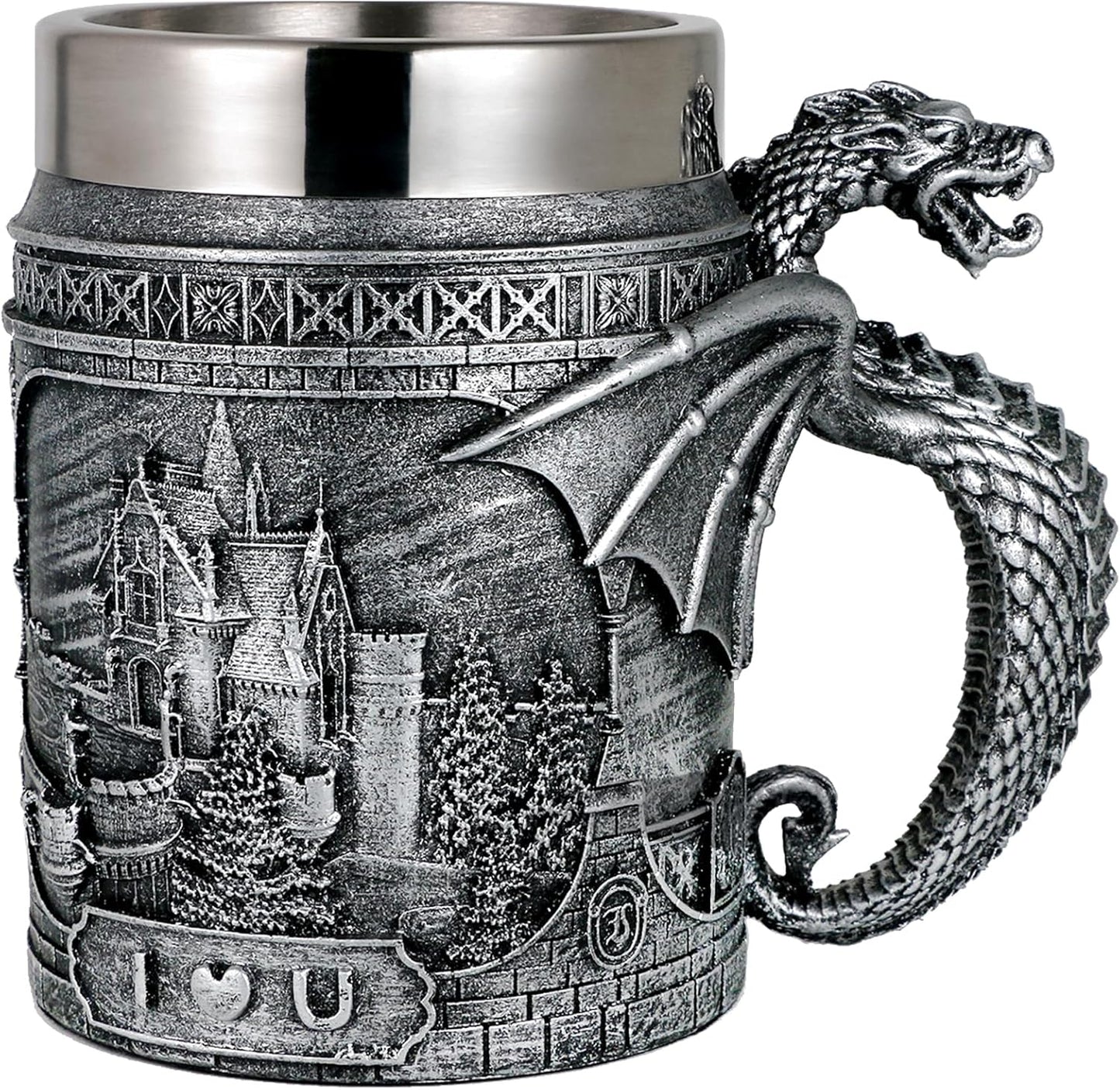 alikiki Medieval Castle Dragon Coffee Mug - Dungeons and Dragons Gifts for Men 21oz Stainless GOT Dragon Game Cup of Thrones Beer Mugs Steins Tankard Dragon Themed Party Decoration