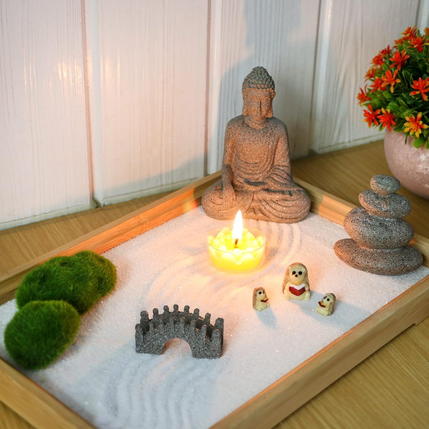 BangBangDa Meditation Zen Garden Accessories - Miniature Buddha Garden Kit Micro Landscape Terrarium Kit DIY Fairy Garden w/Buddha Bridge Pagoda Stone Cairn