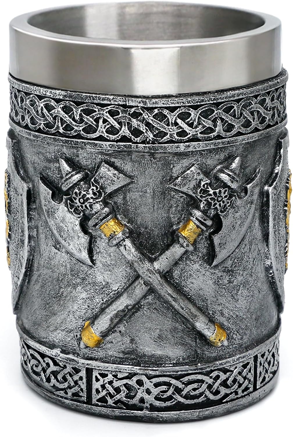 Medieval Viking Axes Mug Gifts for Men, English Gold Lion Shields Beer Steins Tankard Stainless Coffee Cup Renaissance Art Norse Decor Home Kitchen Party Decoration Drinkware