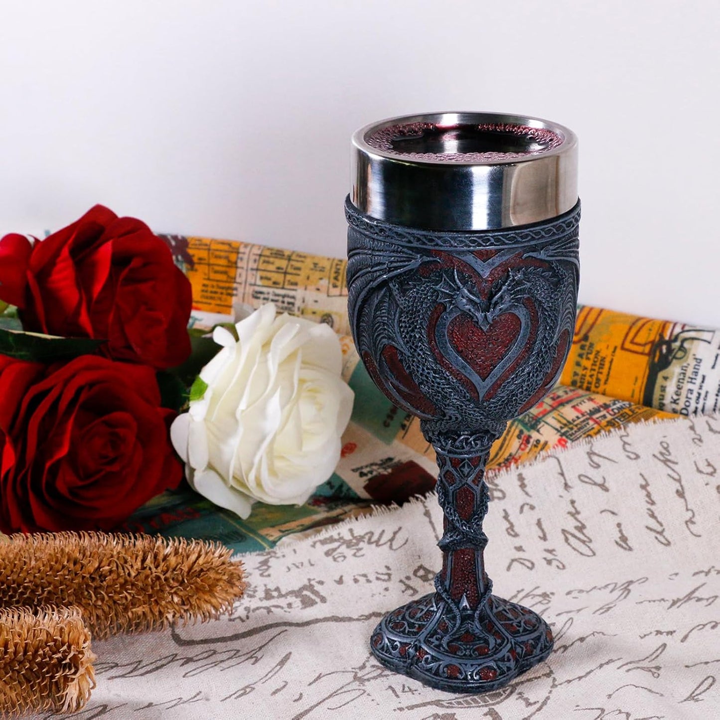 Medieval Double Dragon Wine Goblet - Valentines Dungeons and Dragons Wine Chalice Goblet - 7oz Stainless Steel Drinking Cup Party Idea Goblets Romantic Gift for Girl Girlfriend Wife