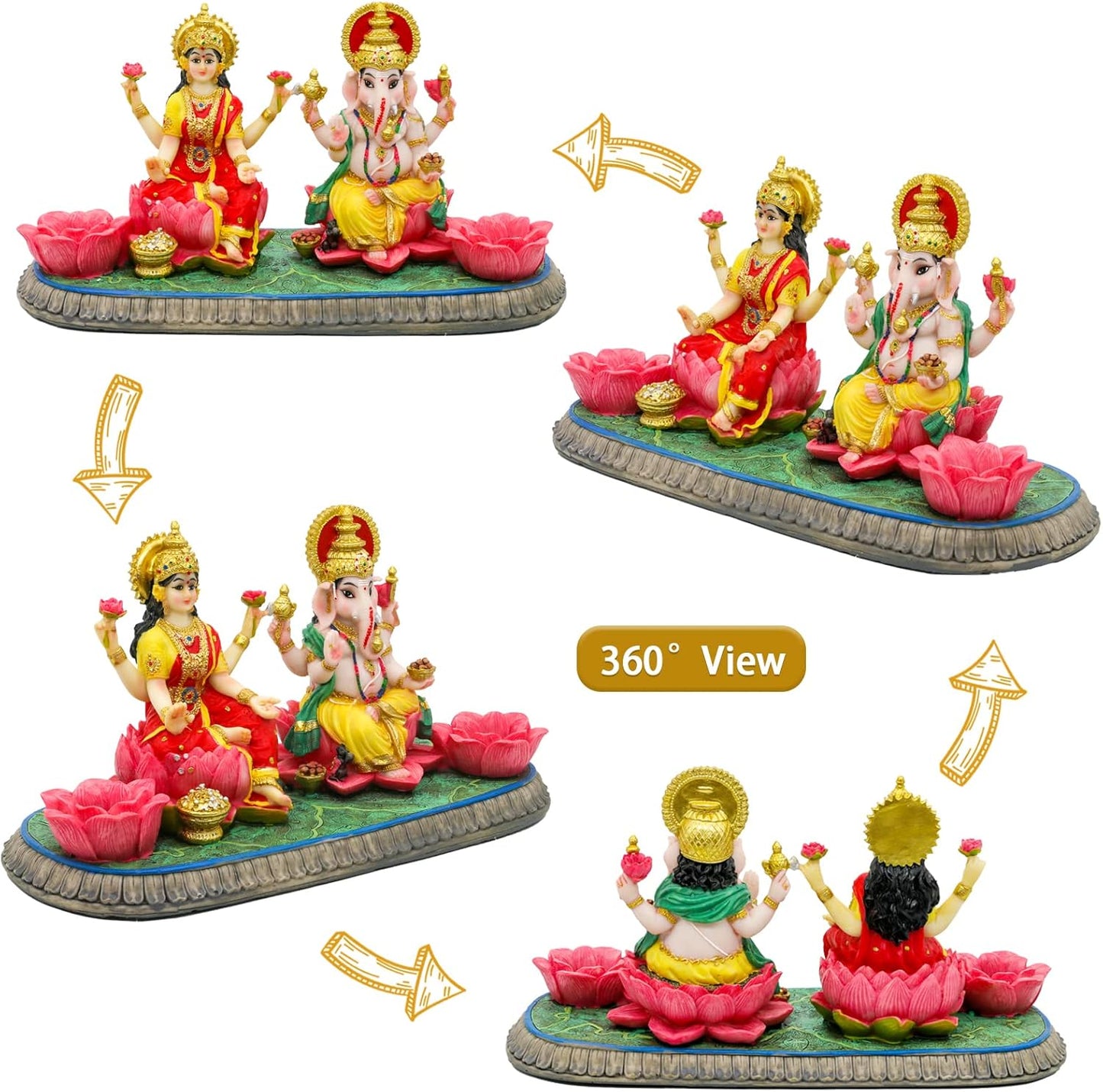 Indian God Ganesha Lakshmi Statue - 5.3”H Indian Idol Laxmi Ganesh with LED Diyas for Diwali Gifts Decor Home Office Mandir Temple Altar Puja Item Hindu Murti Pooja Sculpture