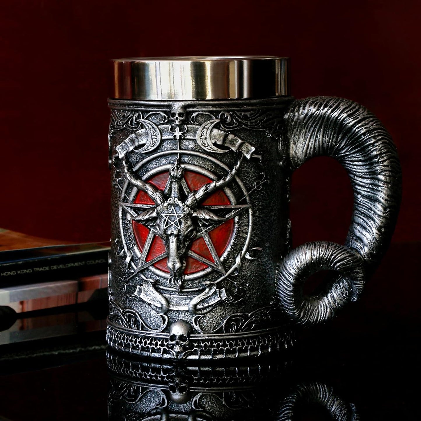 alikiki Medieval Baphomet Head Beer Mug - Sabbatic Goat Pentagram Drinking Tankard 21oz Stainless Steel Wine Coffee Cup Novelty Gothic Father Day Gift Party Decorations