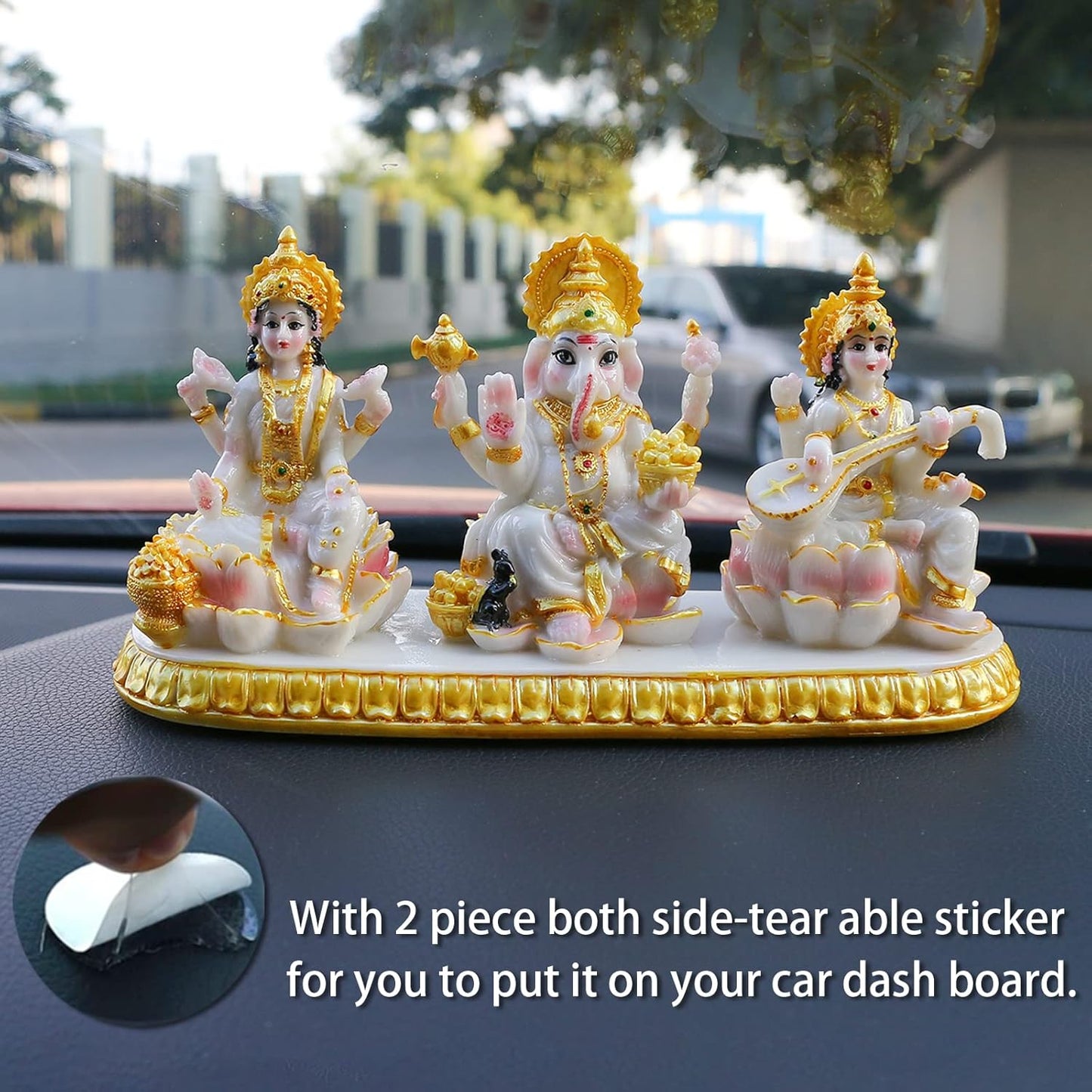 Indian Laxmi Ganesh Saraswati Statue - 3.9”H Small Marble Look Lakshmi Ganesha Idol Sculpture for Car Dashboard Hindu Temple Office Home Mandir Pooja Item Diwali Murti Puja Gifts