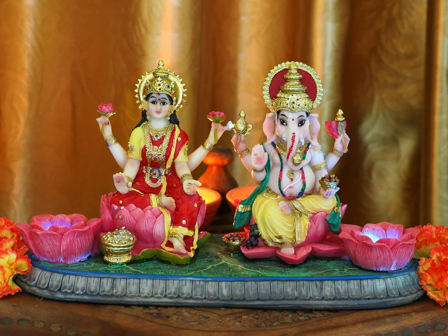 Indian God Ganesha Lakshmi Statue - 5.3”H Indian Idol Laxmi Ganesh with LED Diyas for Diwali Gifts Decor Home Office Mandir Temple Altar Puja Item Hindu Murti Pooja Sculpture