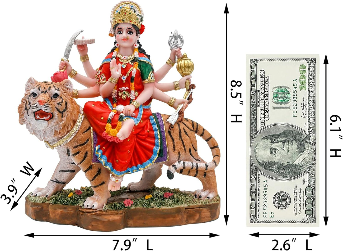 alikiki Indian God Durga Idol – 8.5” Hindu Goddess Durga on Tiger Statue India Murti Home Office Temple Mandir Altar Pooja Item Diwali Gift for Indian People Deepavali Puja Decoration durga statue goddess