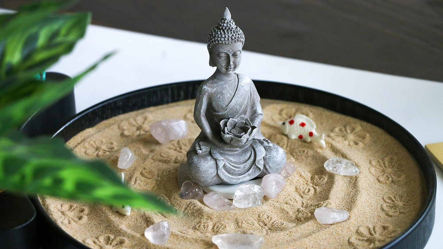 Japanese Meditation Buddha Zen Garden - Tabletop Crystal Rock Sand Zen Garden Kit for Desk Sandbox w/Zen Rake Stamp Spheres Accessories Tools Healing Stone Office Relaxation Zen Decor Zen Gifts