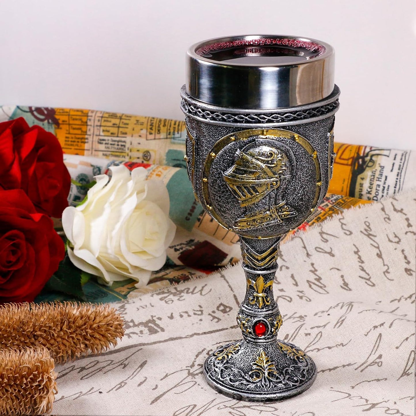 alikiki Medieval Armor Knight Wine Goblet - Renaissance Royal Warrior Chalice Drinkware - 7oz Stainless Steel Drinking Cup for Middle Ages War Decor Party Birthday Father Day Gift Men Boy