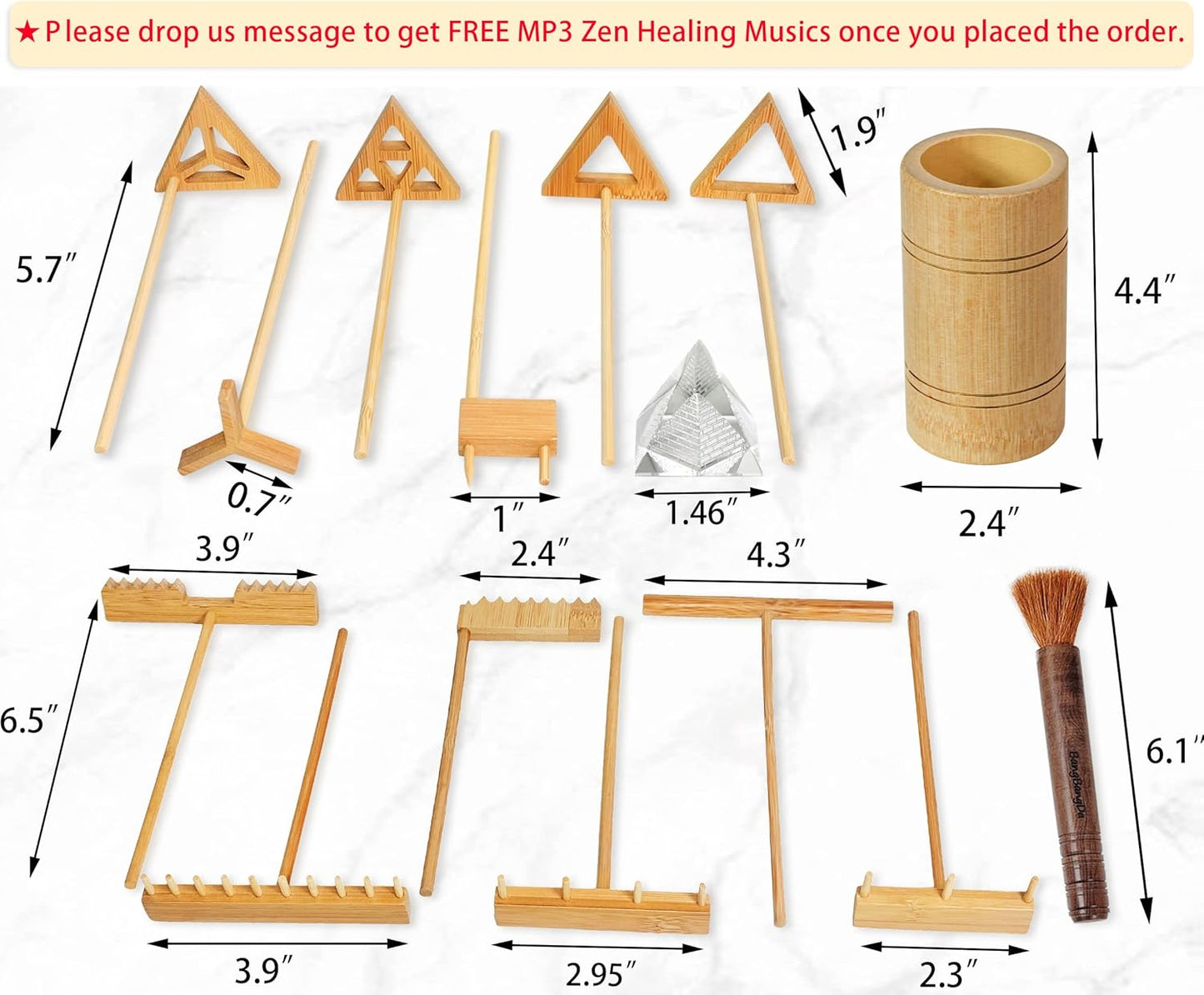 Zen Garden Rake Tool Kit - Miniature Tabletop Japanese Rock Sand Zen Garden Accessories Mini Bamboo Sand Stamp Rakes for Zen Pattern with Holder Crystal Pyramid Meditation Stress Relief Zen Gifts