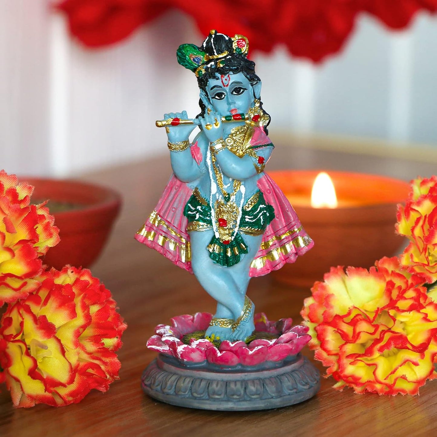 alikiki Indian Idol Krishna God Statue - 3.9”H Hindu Murti Idol Little Krishna Play Flute Sculpture for Home Office Temple Mandir Altar Pooja Item Diwali Puja Figurine