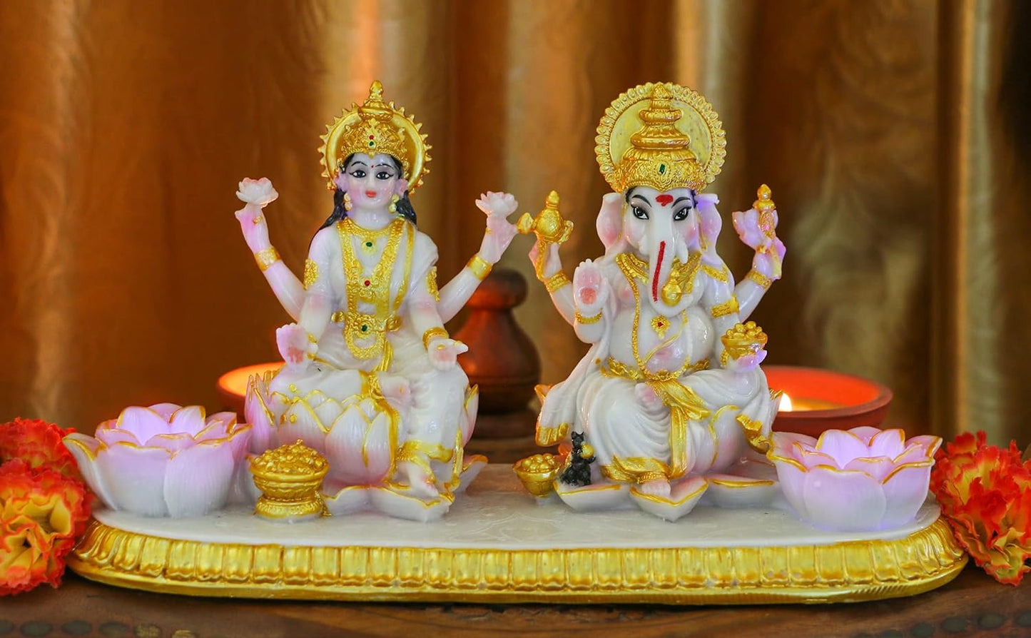 Ganesha Laxmi Statue Indian God - 5.3”H Marble Finish Indian Idol Lakshmi Ganesh Statue w/LED Diyas Diwali Gifts Diwali Decor Home Office Puja Item Hindu Altar Mandir Temple Pooja Murti