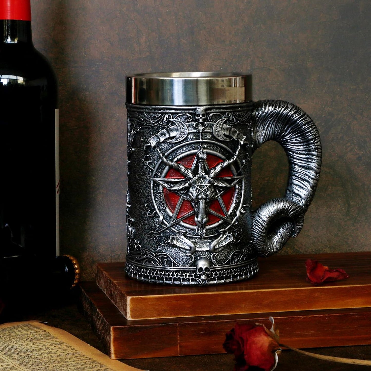 alikiki Medieval Baphomet Head Beer Mug - Sabbatic Goat Pentagram Drinking Tankard 21oz Stainless Steel Wine Coffee Cup Novelty Gothic Father Day Gift Party Decorations