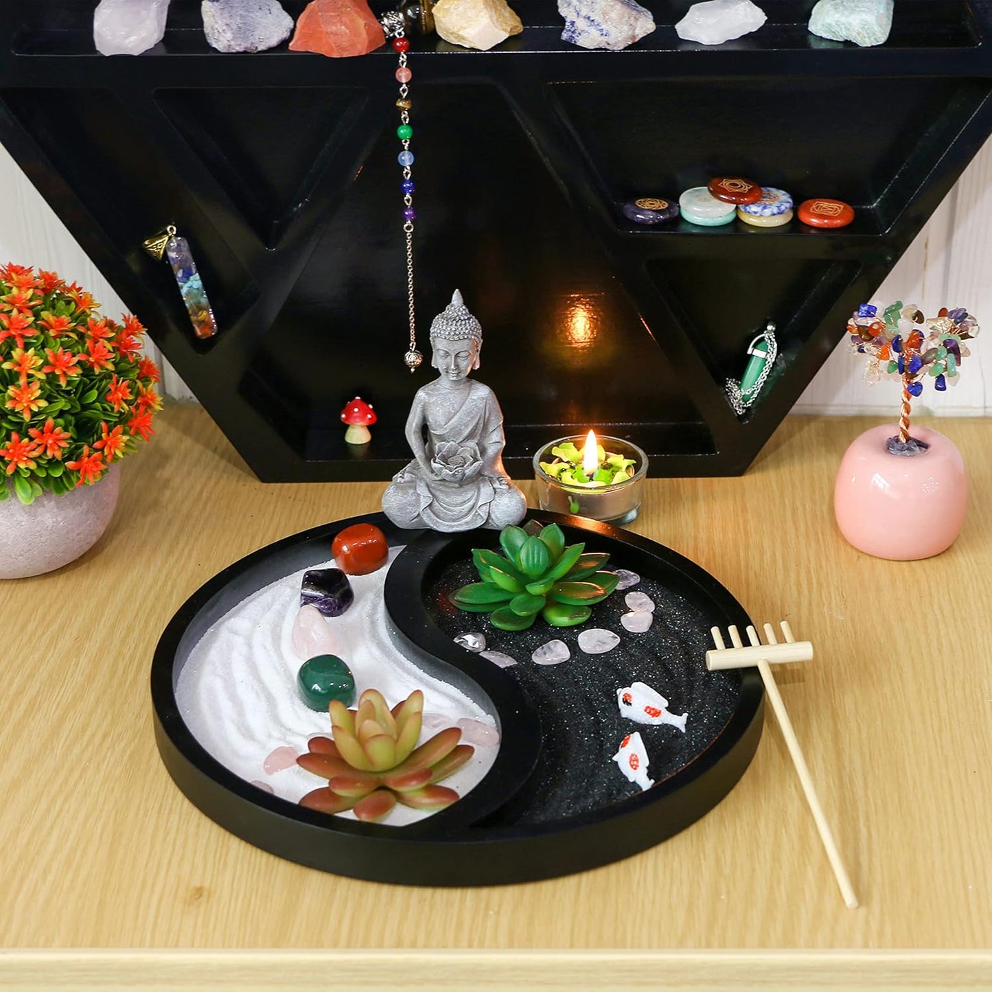 Buddha Meditation Zen Garden Kit - Home Office Tabletop Taiji Yin Yang Sand Garden Altar Zen Decor Zen Gifts DIY Mini Chakra Crystal Quartz Rock Garden w/Nature Healing Stone Rake Tool