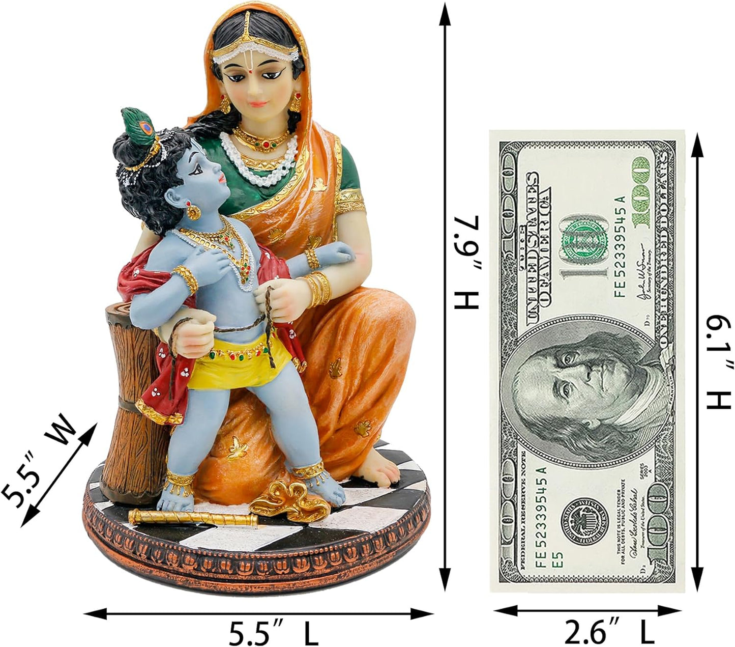 Hindu God Krishna and Yashoda - 7.9" High Polystone Indian Murti Lord Damodara Baby Krishna Idol Statue with Maa Yashoda Diwali Gifts Pooja Item Office Home Temple Mandir Altar Puja Decor