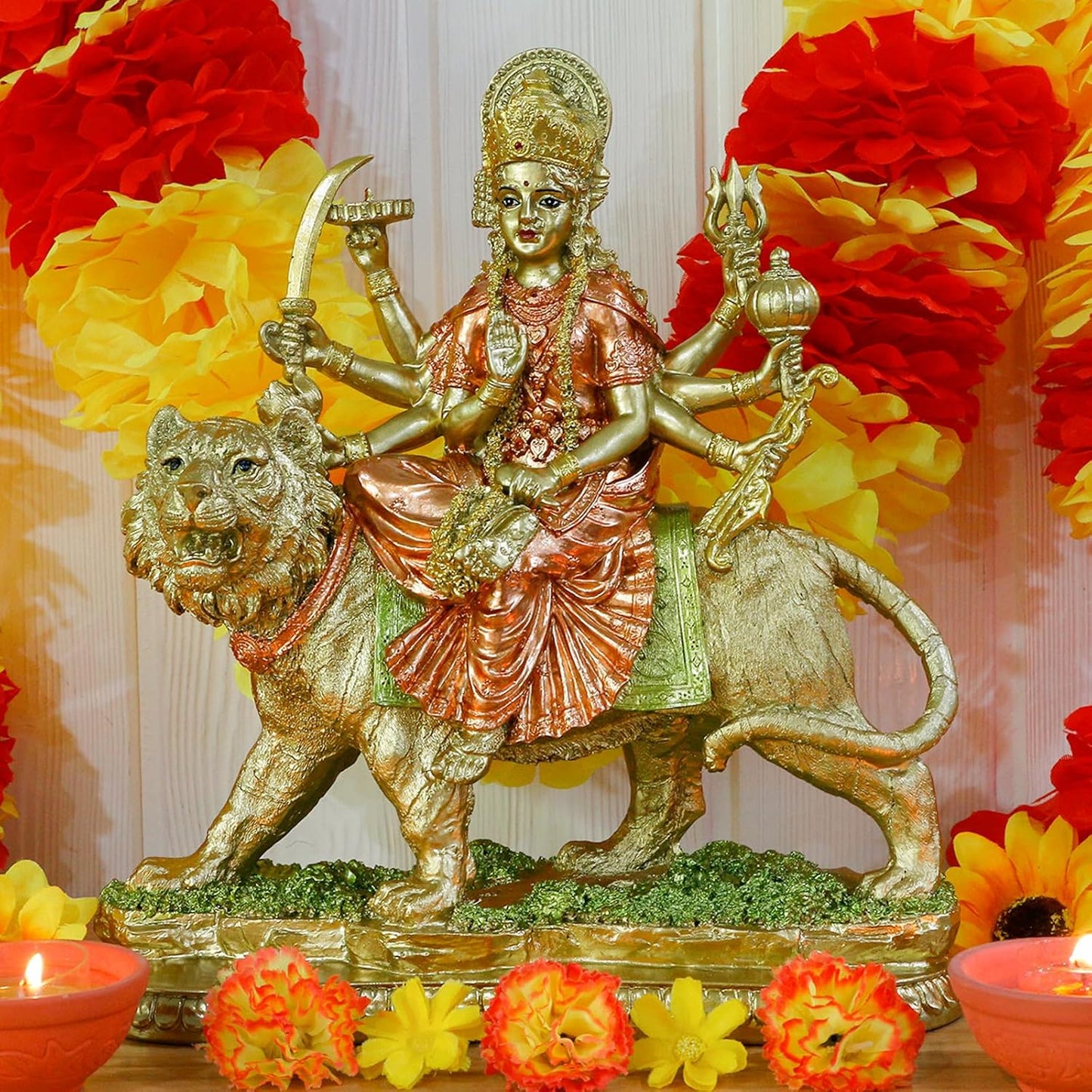 alikiki Hindu Goddess Lord Durga Statue - India God Antique Gold Durga Murti Idol Home Temple Puja Sculpture Indian Diwali Day Mandir Pooja Decoration